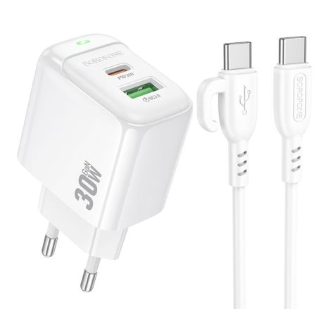 Зарядний пристрій Borofone BAS45A 1USB-C/1USB PD/QC 30W+Type-C to Type-C Білий