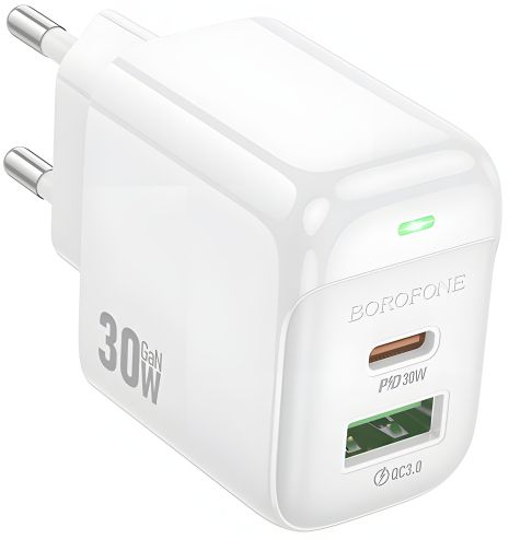 Мережевий зарядний пристрій Borofone BAS45A 1USB-C/1USB PD/QC 30W Білий Мережевий зарядний пристрій Borofone BAS45A 1USB-C/1USB PD/QC 30W Білий
