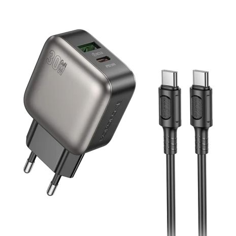 Мережевий зарядний пристрій Borofone BAS55A 1USB-C/1USB PD/QC 30W GAN+Type-C to Type-C Чорний