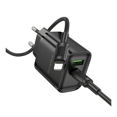Мережевий Зарядний пристрій Borofone BA83A 1USB-C/1USB PD/QC 20W+Type-C to Lightning Чорний Мережевий Зарядний пристрій Borofone BA83A 1USB-C/1USB PD/QC 20W+Type-C to Lightning Чорний