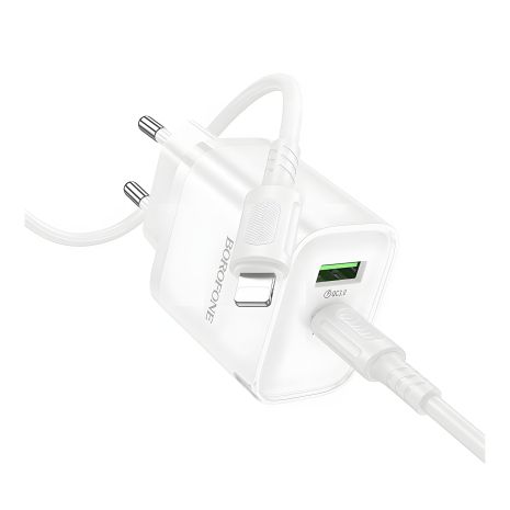 Мережевий Borofone BA83A зарядний пристрій 1USB-C/1USB PD/QC 20W+Type-C to Lightning білий Мережевий Borofone BA83A зарядний пристрій 1USB-C/1USB PD/QC 20W+Type-C to Lightning білий