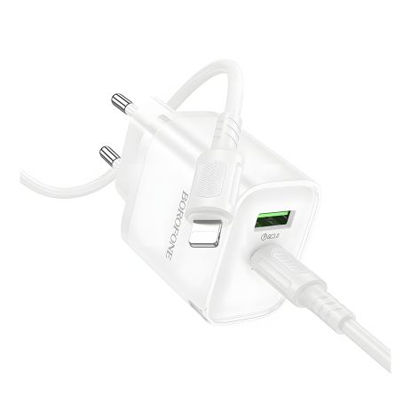 Мережевий Borofone BA83A зарядний пристрій 1USB-C/1USB PD/QC 20W+Type-C to Lightning білий