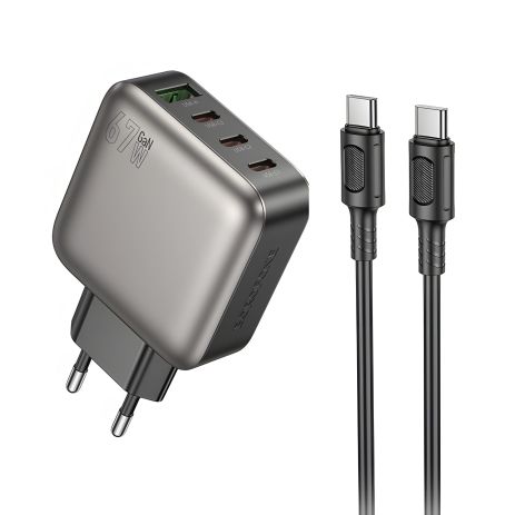 Сетевое Зарядное Устройство Borofone BAS57A 3USB-C/1USB PD/QC 67W GAN+Type-C to Type-C Черный Сетевое Зарядное Устройство Borofone BAS57A 3USB-C/1USB PD/QC 67W GAN+Type-C to Type-C Черный