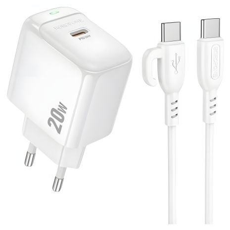Мережевий зарядний пристрій Borofone BAS43A 1USB-C PD/QC 20W + Type-C to Type-C, білий Мережевий зарядний пристрій Borofone BAS43A 1USB-C PD/QC 20W + Type-C to Type-C, білий