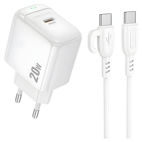 Сетевое Зарядное Устройство Borofone BAS43A 1USB-C PD/QC 20W+Type-C to Type-C Белый Сетевое Зарядное Устройство Borofone BAS43A 1USB-C PD/QC 20W+Type-C to Type-C Белый