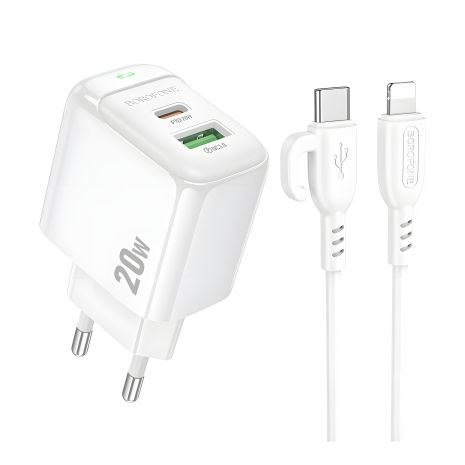 Мережевий зарядний пристрій Borofone BAS44A 1USB-C/1USB PD/QC 20W+Type-C to Lightning Білий