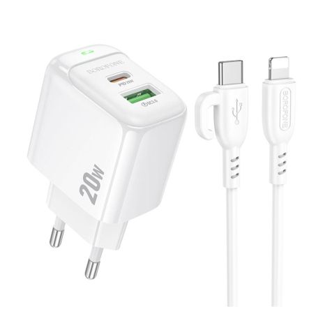 Мережевий зарядний пристрій Borofone BAS44A 1USB-C/1USB PD/QC 20W+Type-C to Lightning Білий