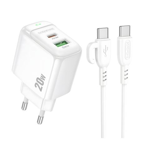Мережевий зарядний пристрій Borofone BAS44A 1USB-C/1USB PD/QC 20W+Type-C to Type-C Білий Мережевий зарядний пристрій Borofone BAS44A 1USB-C/1USB PD/QC 20W+Type-C to Type-C Білий