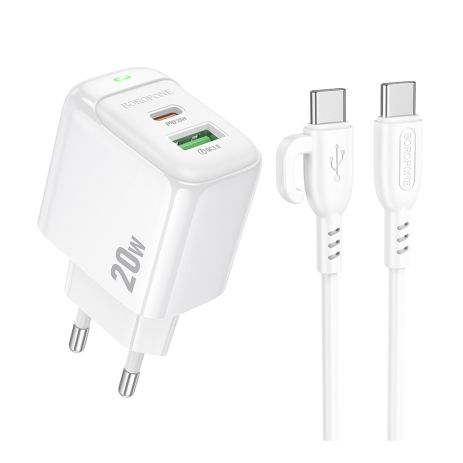 Сетевое Зарядное Устройство Borofone BAS44A 1USB-C/1USB PD/QC 20W+Type-C to Type-C Белый