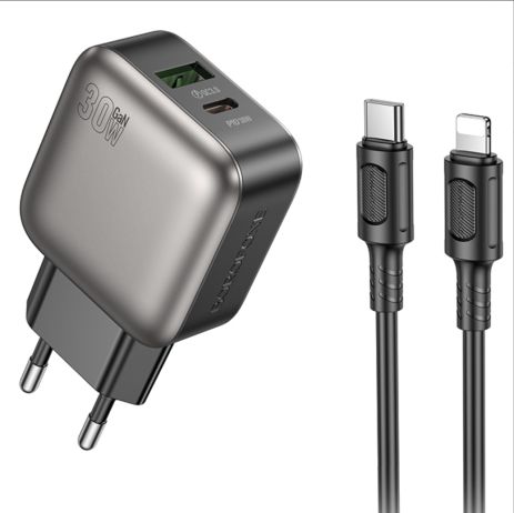 Мережевий зарядний пристрій Borofone BAS55A 1USB-C/1USB PD/QC 30W GAN+Type-C to Lightning Чорний