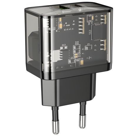 Сетевое зарядное устройство Hoco N34 USB/ Type-C QC PD 20W прозначно-черное Сетевое зарядное устройство Hoco N34 USB/ Type-C QC PD 20W прозначно-черное