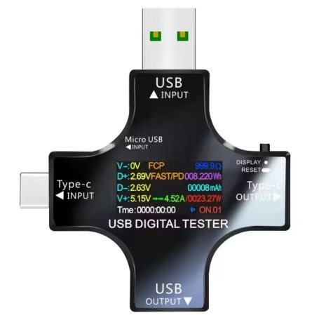 USB Tester DC PD USB-A, Type-C, QC2.0, QC3.0 + Bluetooth, Digital Voltmeter Ampermeter Кольоровий дисплей, Black