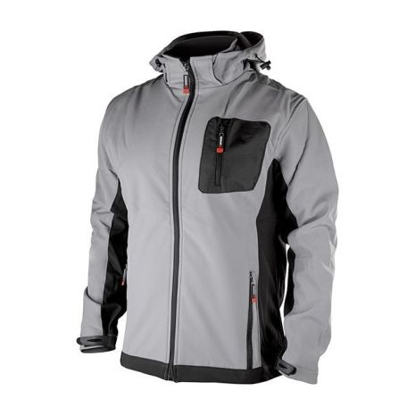 Куртка SOFTSHELL светло-серо/черная, с капюшоном, трехслойная, стрейч 300 GSM 100D, водо-/ветрозащита, 96% полиэстер / 4% эластан, 3 кармана, XXXL INTERTOOL SP-3126