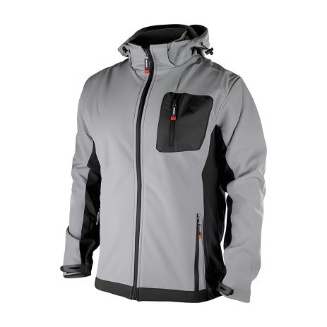 Куртка SOFTSHELL світло-сіро/чорна, з капюшоном, тришарова, стрейч 300 GSM 100D, водо-/вітрозахист, 96% поліестер / 4% еластан, 3 кишені, S INTERTOOL SP-3121