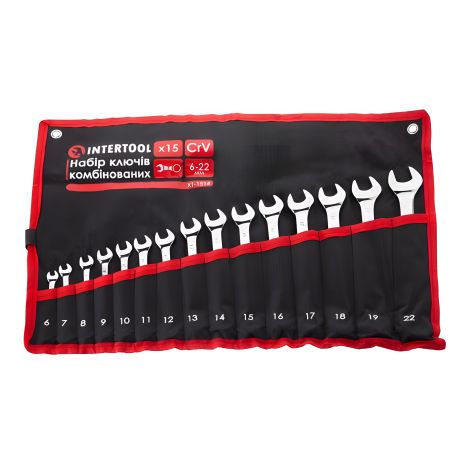 Набор ключей комбинированных, 15 шт., 6-22 мм, профессиональные, DIN3113, чехол INTERTOOL XT-1514