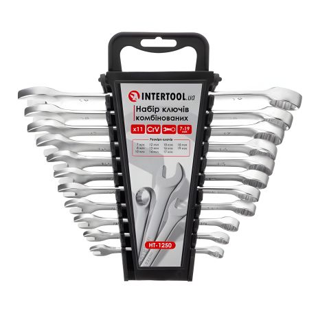 Набір комбінованих ключів, 11 шт., 7-19 мм, Cr-V, INTERTOOL HT-1250 Набір комбінованих ключів, 11 шт., 7-19 мм, Cr-V, INTERTOOL HT-1250