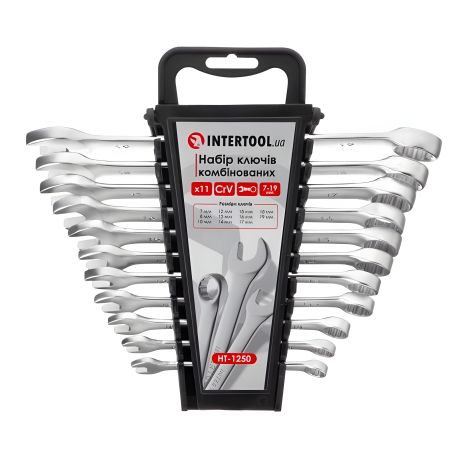Набір комбінованих ключів, 11 шт., 7-19 мм, Cr-V, INTERTOOL HT-1250 Набір комбінованих ключів, 11 шт., 7-19 мм, Cr-V, INTERTOOL HT-1250