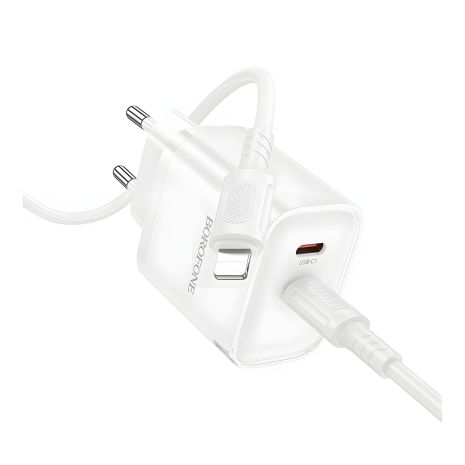 Мережевий зарядний пристрій Borofone BA85A 2USB-C PD/QC 35W+Type-C to Lightning Білий Мережевий зарядний пристрій Borofone BA85A 2USB-C PD/QC 35W+Type-C to Lightning Білий