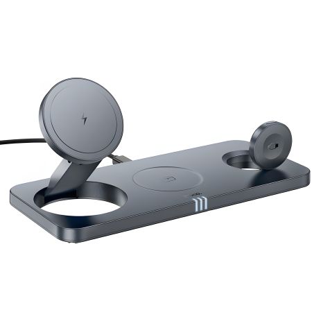 Бездротовий магнітний зарядний пристрій Hoco CQ22 3в1, 15 Вт, metal gray