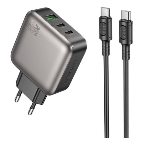 Сетевое Зарядное Устройство Borofone BAS56A 2USB-C/1USB QC/PD 45W GAN+Type-C to Type-C Черный