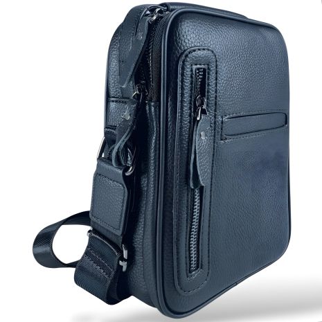 Чоловіча шкіряна сумка через плече, чорна з 2 відділеннями