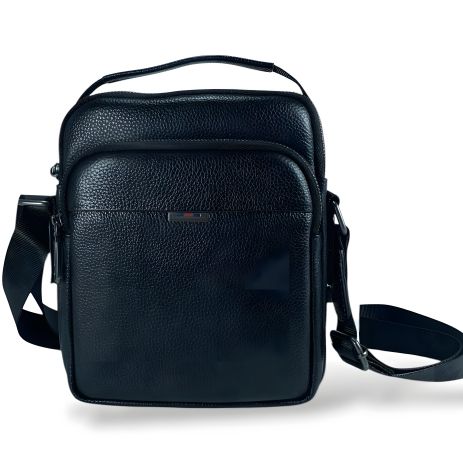 Черная мужская кожаная сумка через плечо на два отделения