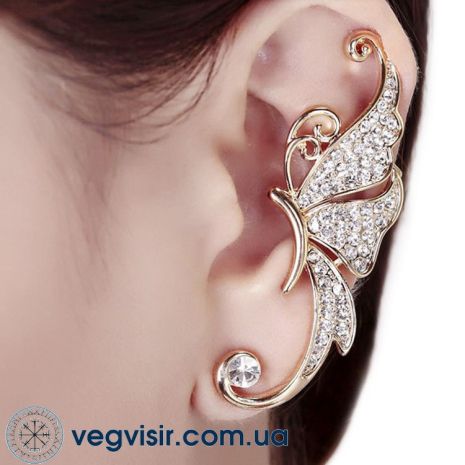 Елегантний каф кліпс на вухо без проколювання Метелики сережки Earcuff Кліп-каф сережки