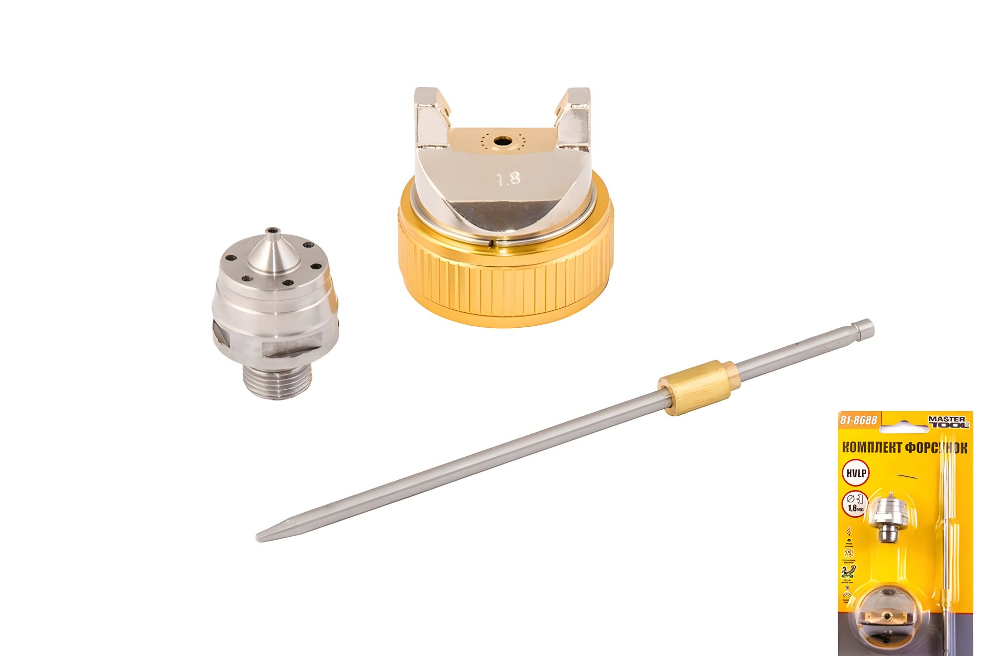 Сменная форсунка для пневмопистолета HVLP Ø 1.8 мм - дюза, воздушная головка, игла MASTERTOOL 81-8688 Сменная форсунка для пневмопистолета HVLP Ø 1.8 мм - дюза, воздушная головка, игла MASTERTOOL 81-8688