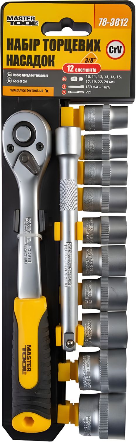Набор торцевых головок 6-гранных ⅜", 10-24 мм с трещоткой 72 зубца и удлинителем CrV, MASTERTOOL 78-3812, 12 шт