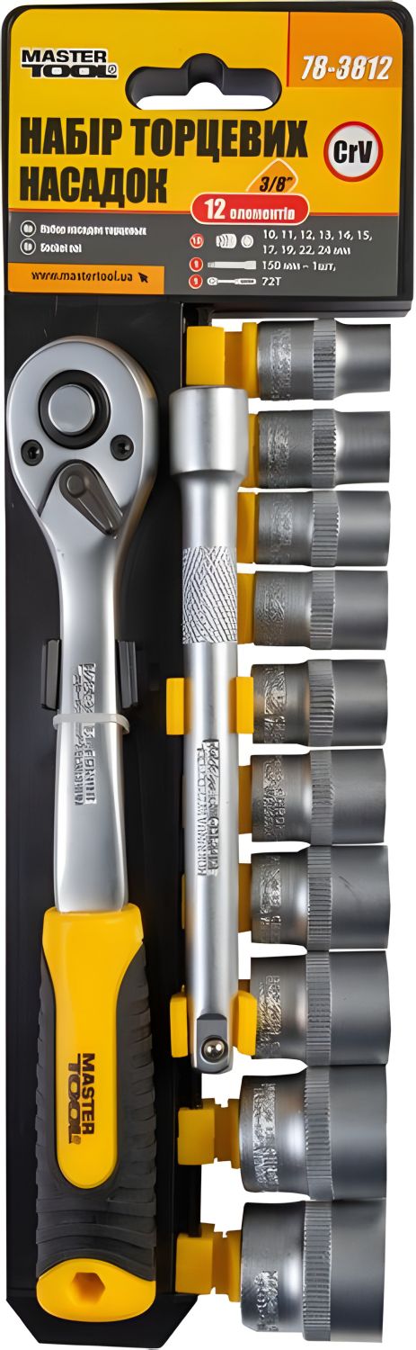 Набір торцевих головок 6-гранних ⅜" 10-24 мм з тріскачкою 72 зубця MASTERTOOL 78-3812