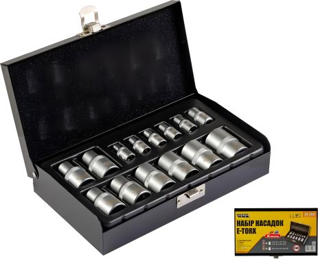 Набор головок E-TORX ¼" E4-E10 ½" E10-E22 CrV 14 шт в металлическом кейсе MASTERTOOL 78-1414