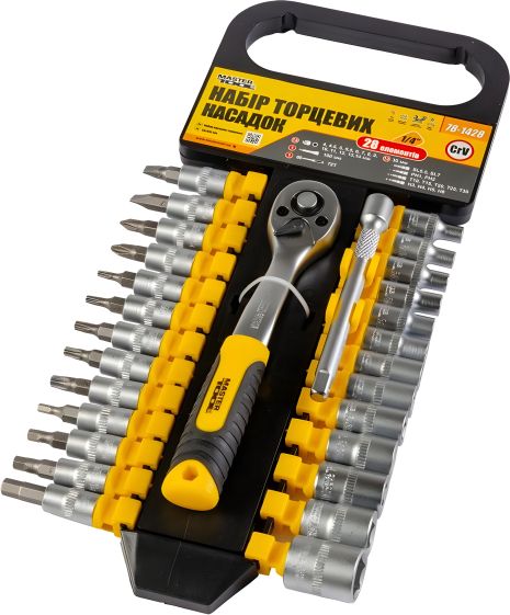 Набор головок торцевых с трещоткой 72 зубца, TORX PH HEX SL, 28 шт, MASTERTOOL 78-1428