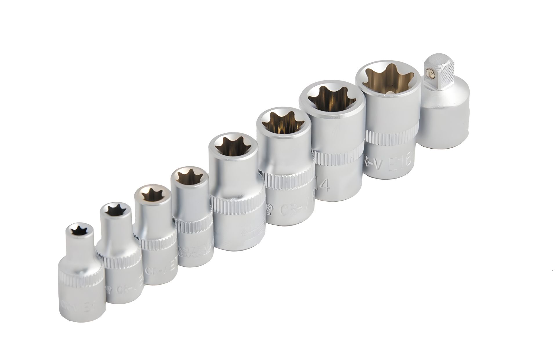 Набор торцевых головок E-TORX ¼" E5-E8 ⅜" E10-E16 CrV, 9 шт, MASTERTOOL 78-1409 Набор торцевых головок E-TORX ¼" E5-E8 ⅜" E10-E16 CrV, 9 шт, MASTERTOOL 78-1409