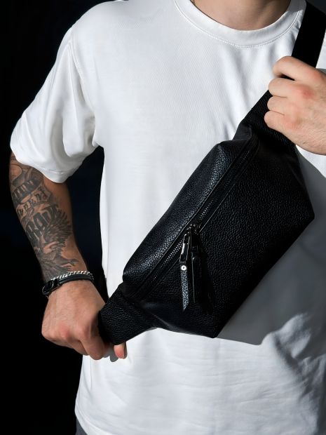 Чорна чоловіча шкіряна сумка на пояс SKILL