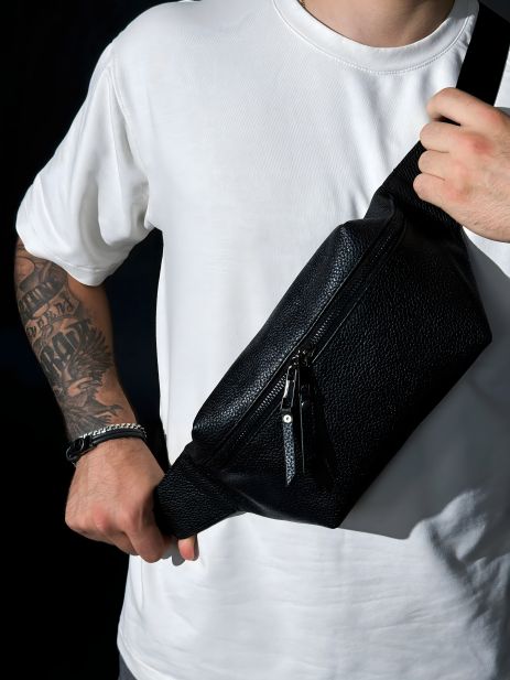 Шкіряна чорна поясна сумка для чоловіків SKILL