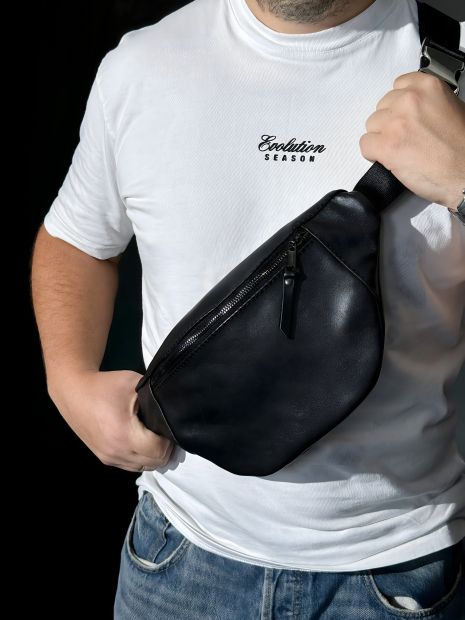 Чоловіча сумка бананка чорна, SKILL, шкіряна