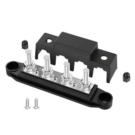 Розподільний блок з шиною Bus Bar з 4-ма шпильками М10 для з'єднання кабелів 12-48V DC, до 250A (чорний) Розподільний блок з шиною Bus Bar з 4-ма шпильками М10 для з'єднання кабелів 12-48V DC, до 250A (чорний)