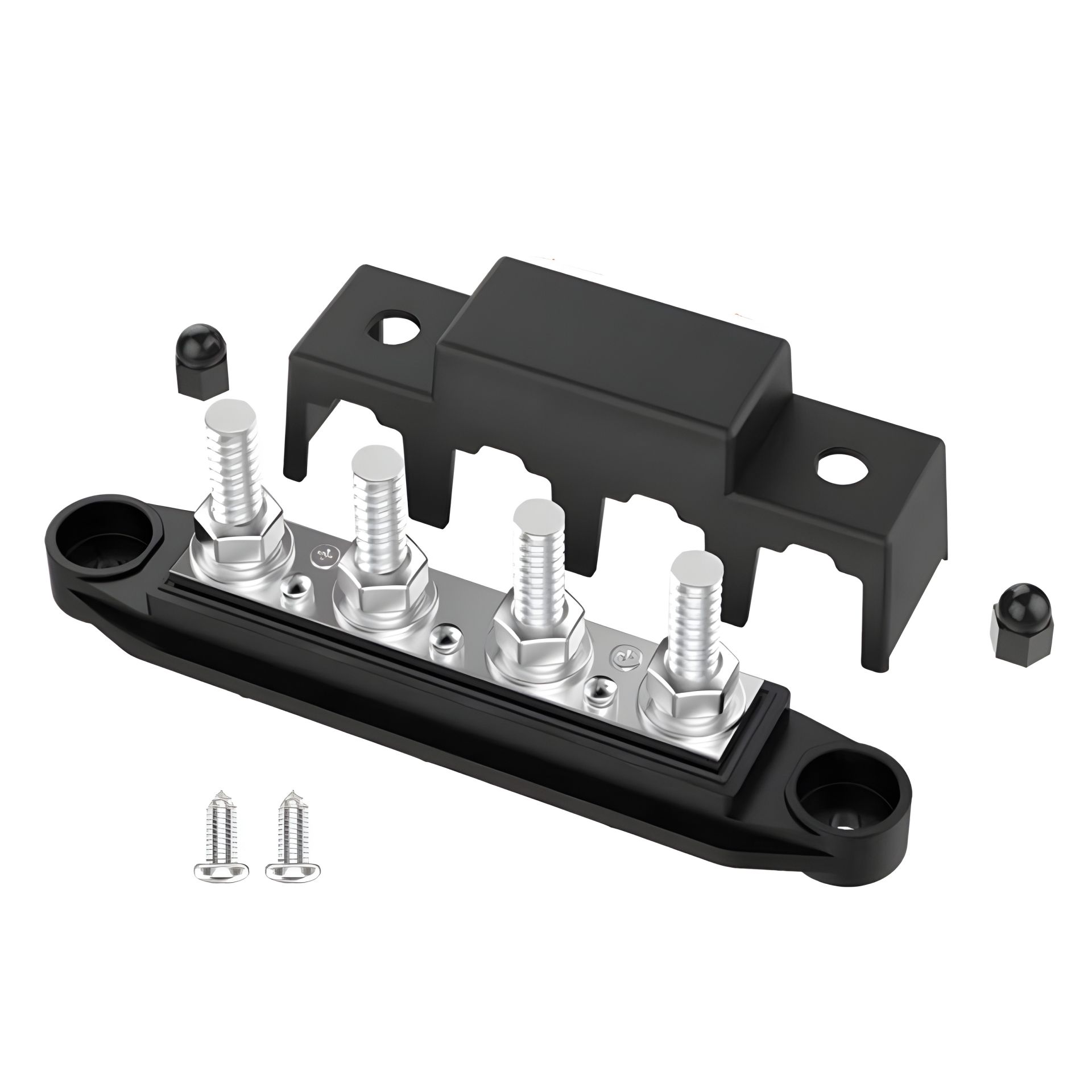 Розподільний блок з шиною Bus Bar з 4-ма шпильками М10 для з'єднання кабелів 12-48V DC, до 250A (чорний) Розподільний блок з шиною Bus Bar з 4-ма шпильками М10 для з'єднання кабелів 12-48V DC, до 250A (чорний)