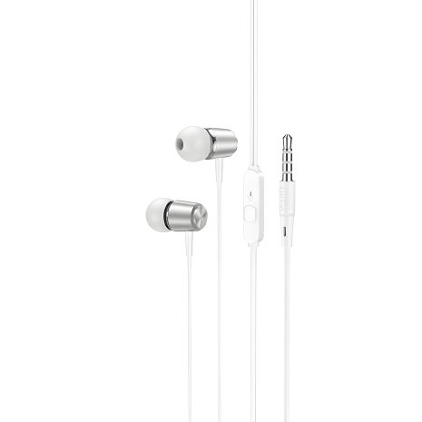 Дротові вакуумні навушники HOCO M108 Spring metal universal earphones with mic, 3.5mm, 1.2m, silver Дротові вакуумні навушники HOCO M108 Spring metal universal earphones with mic, 3.5mm, 1.2m, silver