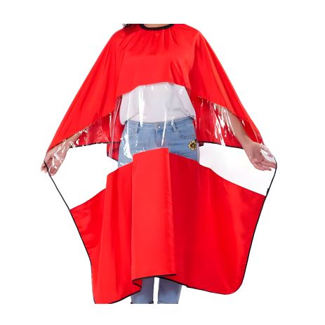 Красный парикмахерский пеньюар с окошком для телефона