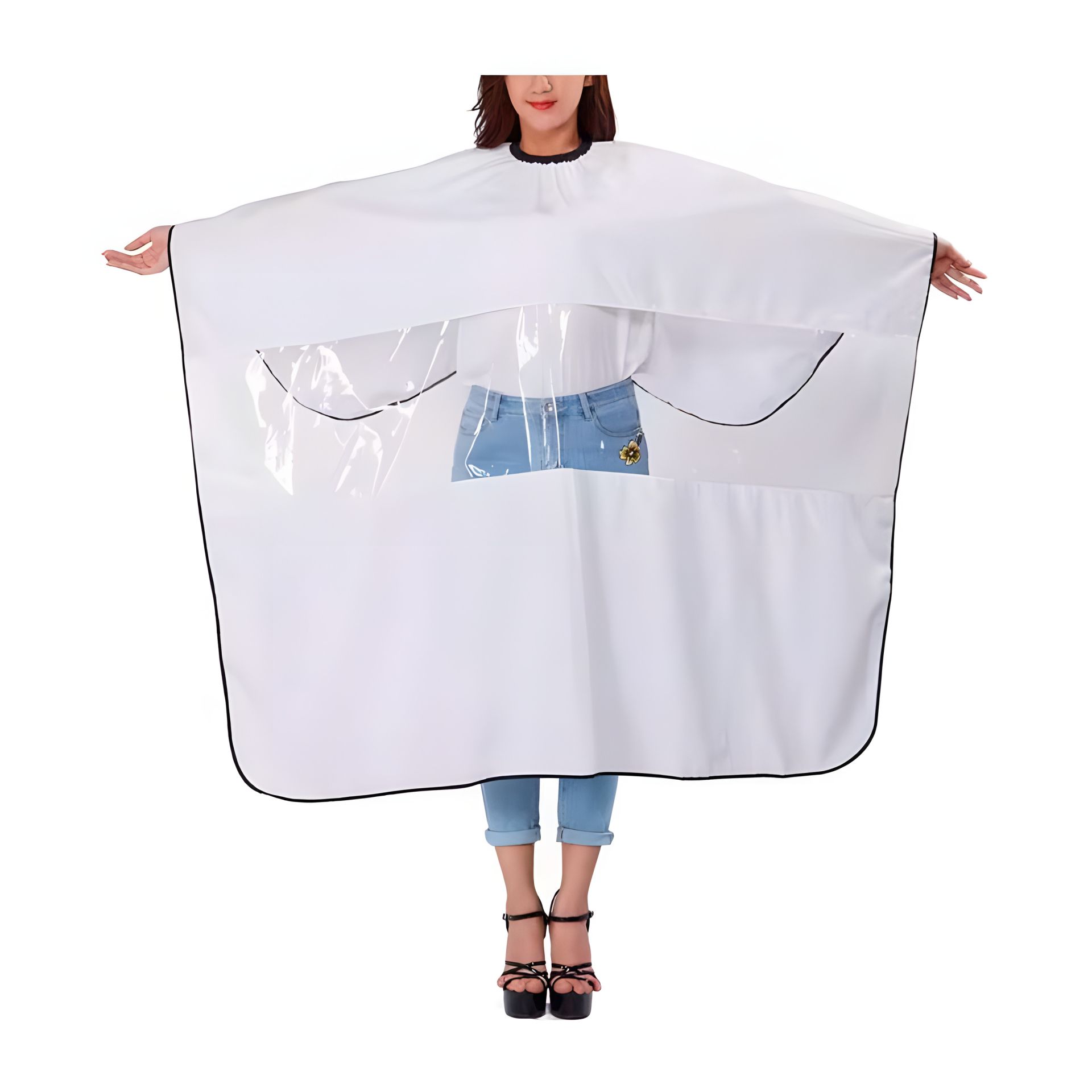 Белый парикмахерский пеньюар с окошком для телефона клиента Белый парикмахерский пеньюар с окошком для телефона клиента