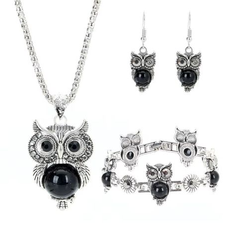 Комплект в форме совы OWL с черным камнем подвеска серьги браслет кулон набор сова Комплект в форме совы OWL с черным камнем подвеска серьги браслет кулон набор сова