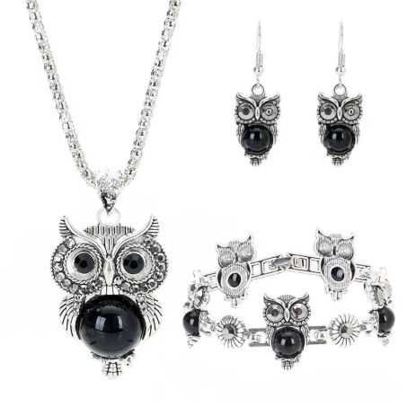 Комплект в форме совы OWL с черным камнем подвеска серьги браслет кулон набор сова