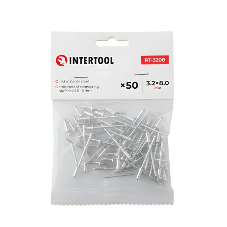 Алюминиевая заклепка, 3,2×8,0 мм, 50 шт. INTERTOOL RT-3208 Алюминиевая заклепка, 3,2×8,0 мм, 50 шт. INTERTOOL RT-3208