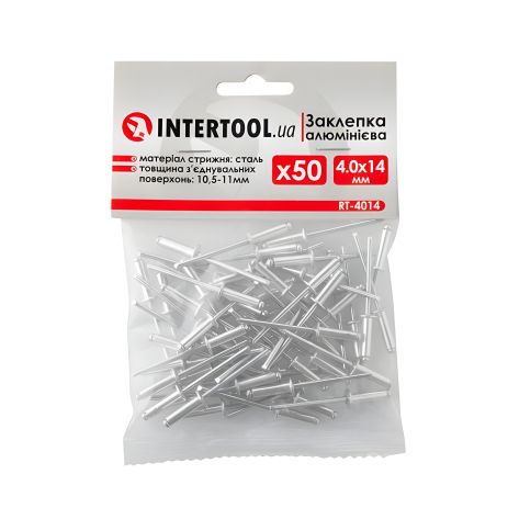 Алюмінієва заклепка INTERTOOL RT-4014, 4,0×14,0 мм, 50 шт Алюмінієва заклепка INTERTOOL RT-4014, 4,0×14,0 мм, 50 шт