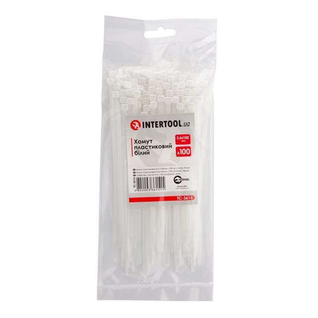 Пластиковий хомут, 3,6×150 мм, 100 шт/упак, білий INTERTOOL TC-3615 Пластиковий хомут, 3,6×150 мм, 100 шт/упак, білий INTERTOOL TC-3615