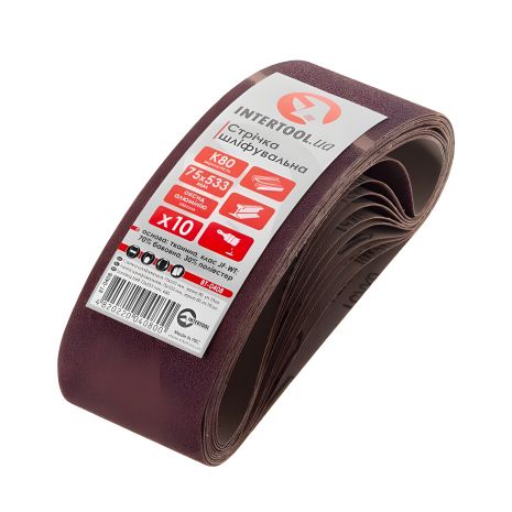 Шлифовальная лента, 75×533 мм, зернистость K80, набор 10 шт. INTERTOOL BT-0408