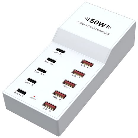 Багатопортовий мережевий зарядний пристрій Addap WLX-T6, мзп на 5 USB + 5 USB-C портів, 50W