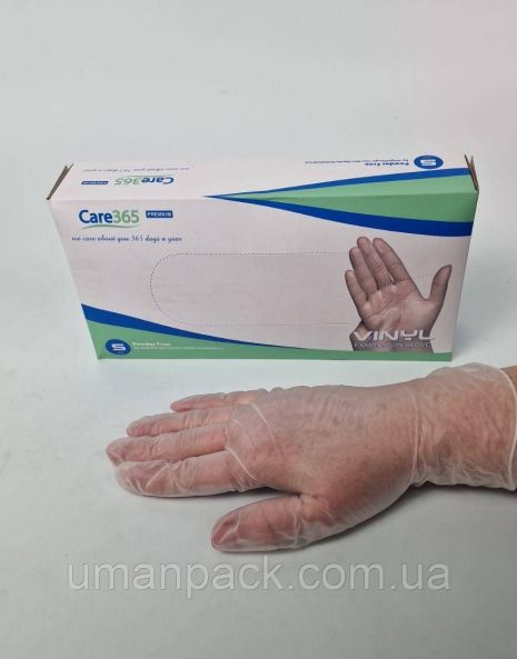 Рукавички Вініл S (100шт) білі "CARE 365" (1 пачка)