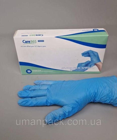 Перчатки Винил S (100шт) голубой "CARE 365" (1 пачка)